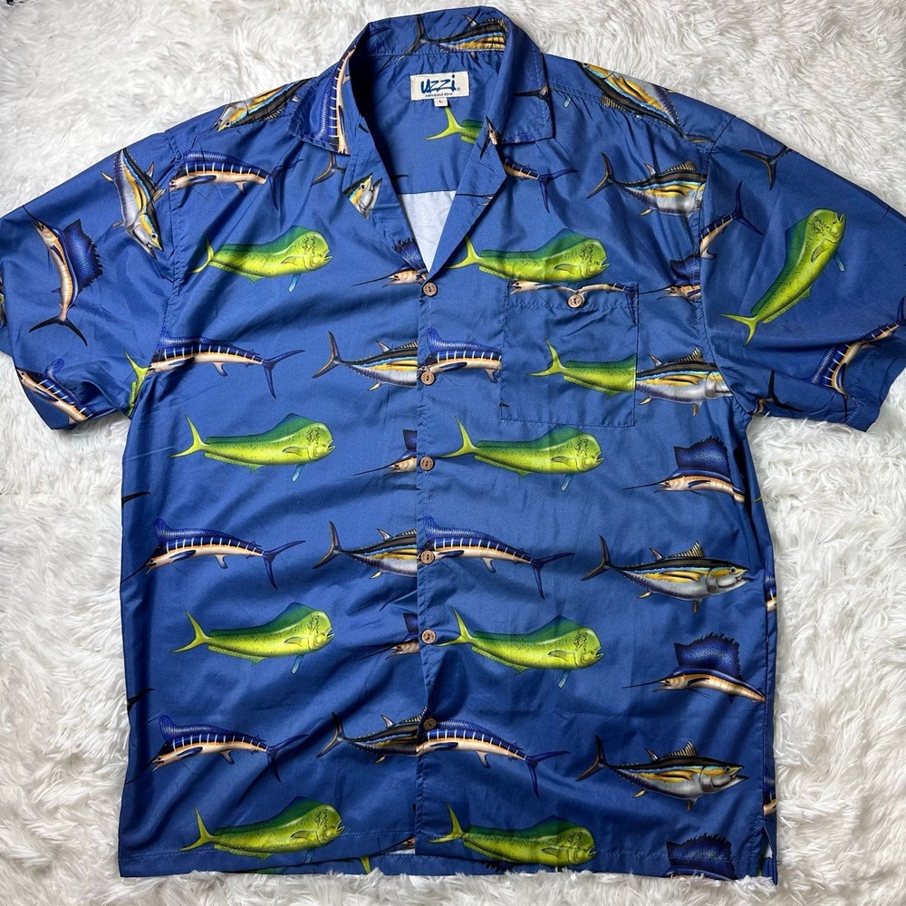 Uzzi Amphibious Gear Men Blue Hawaiian Fishing Shirt Mahi Mahi Marlin Tuna L